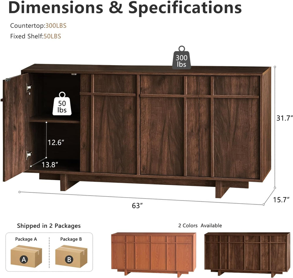 63" Sideboard Buffet Cabinet, Skeleton Lines Design, Walnut