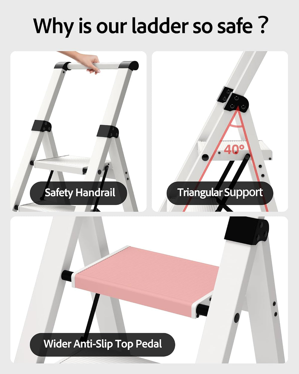 Taranta 3 Step Ladder,Lightweight Aluminum Step Stool Foldable -White