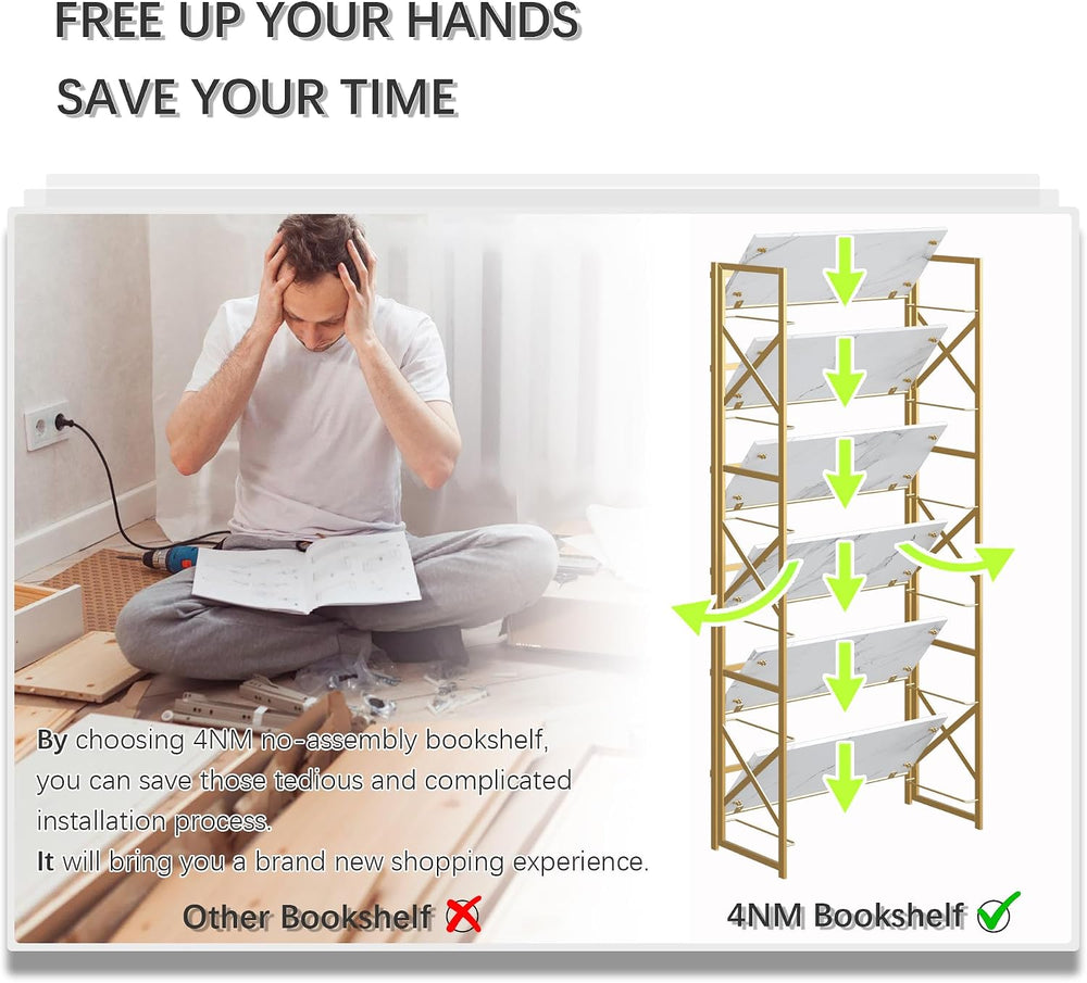 4NM 6 Tiers No Assembly Book Shelves, 61.8" H Folding Bookshelf Bookcase...