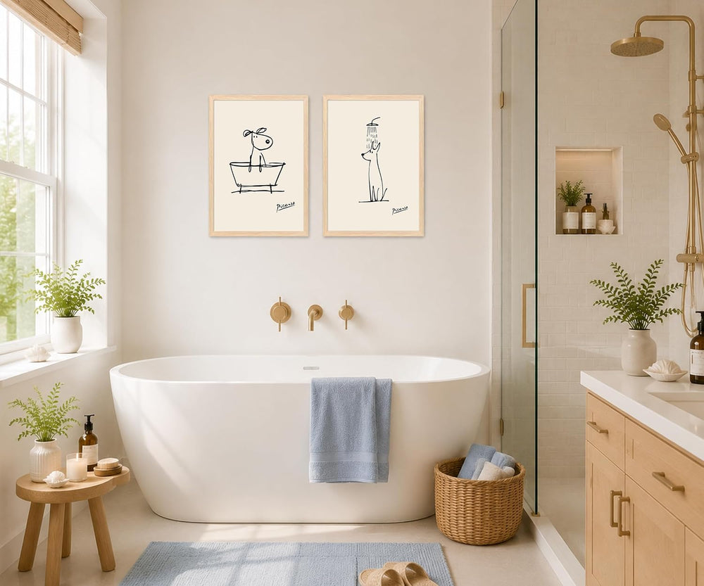 Framed Funny Dog Bathroom Wall Art Black and White Line Art Poster Print, Abs...