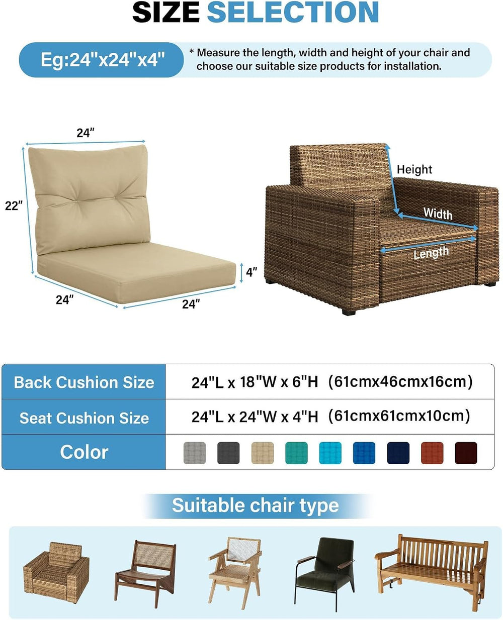 YEFU 24x24 Outdoor Chair Cushions, Deep Seat Patio Cushions Set of 4, Beige