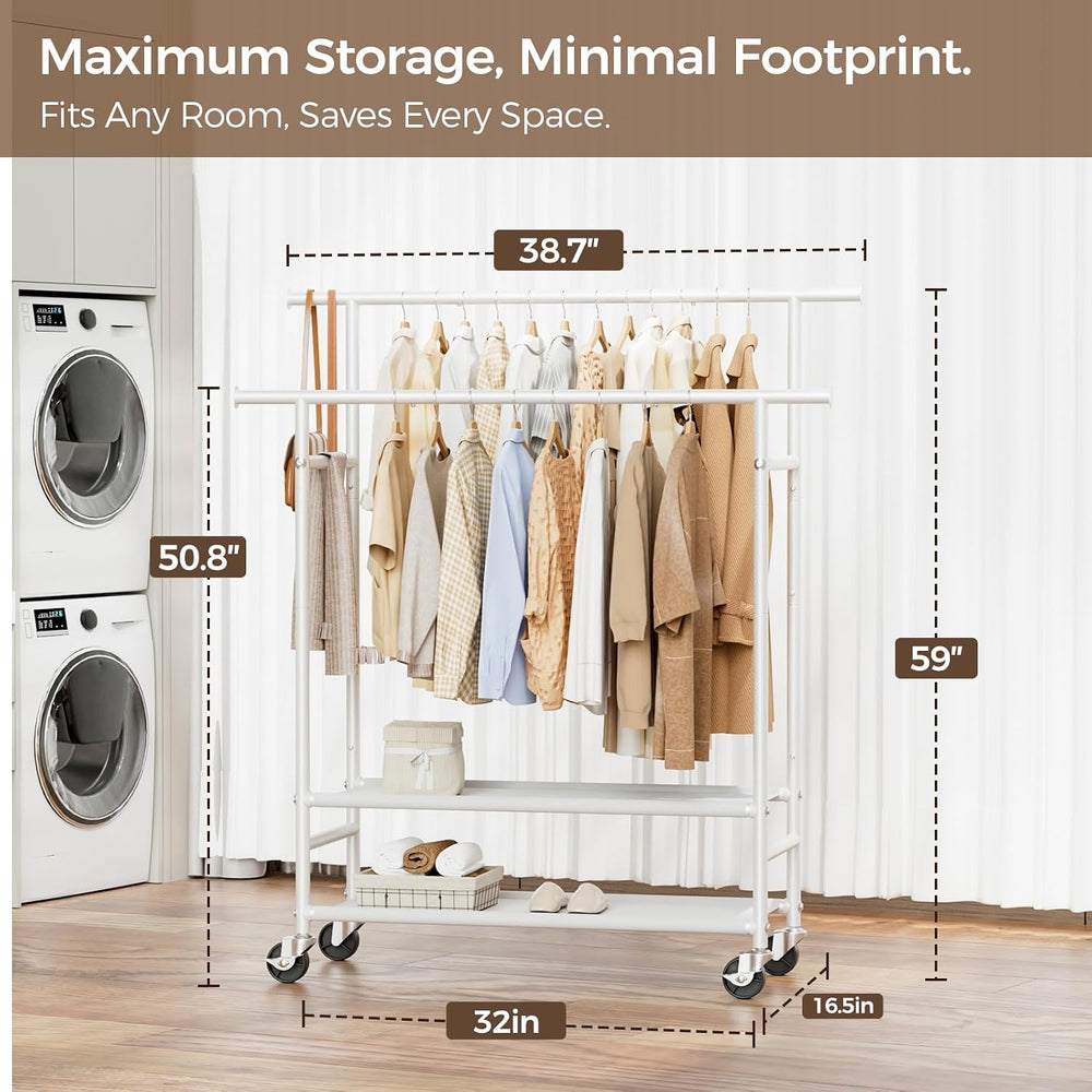HYSEYY Clothes Rack,Double Rods Rolling Clothing Rack for Hanging Clothes,Por...