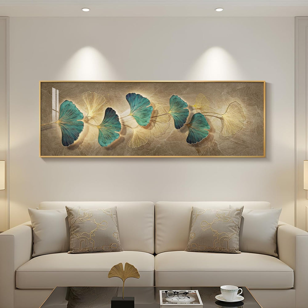 Framed Modern Luxury Narrow Wall Art for Living Room, Gold Teal Large Long Ho...