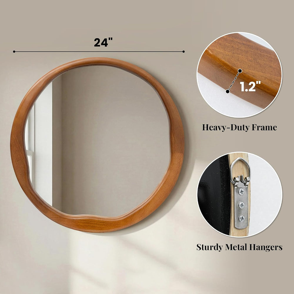 Warm Walnut 24 Inch Round Wood Wall Mirror, Asymmetrical Inner Edge