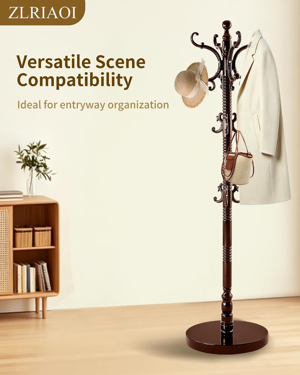 Wooden Coat Rack, Vintage Solid Wood Coat Rack Stand with 14 Hooks