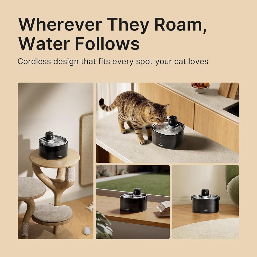 Cordless Cat Water Fountain, 78oz/2.3L, Battery Operated, Silver