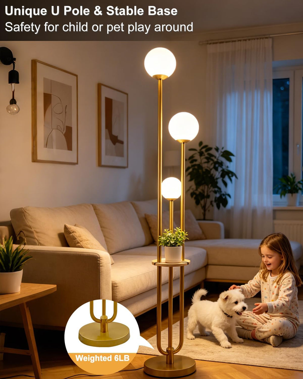 63IN Dimmable Gold Floor Lamp with Shelf Mid Century Standing Lamps with 3000...