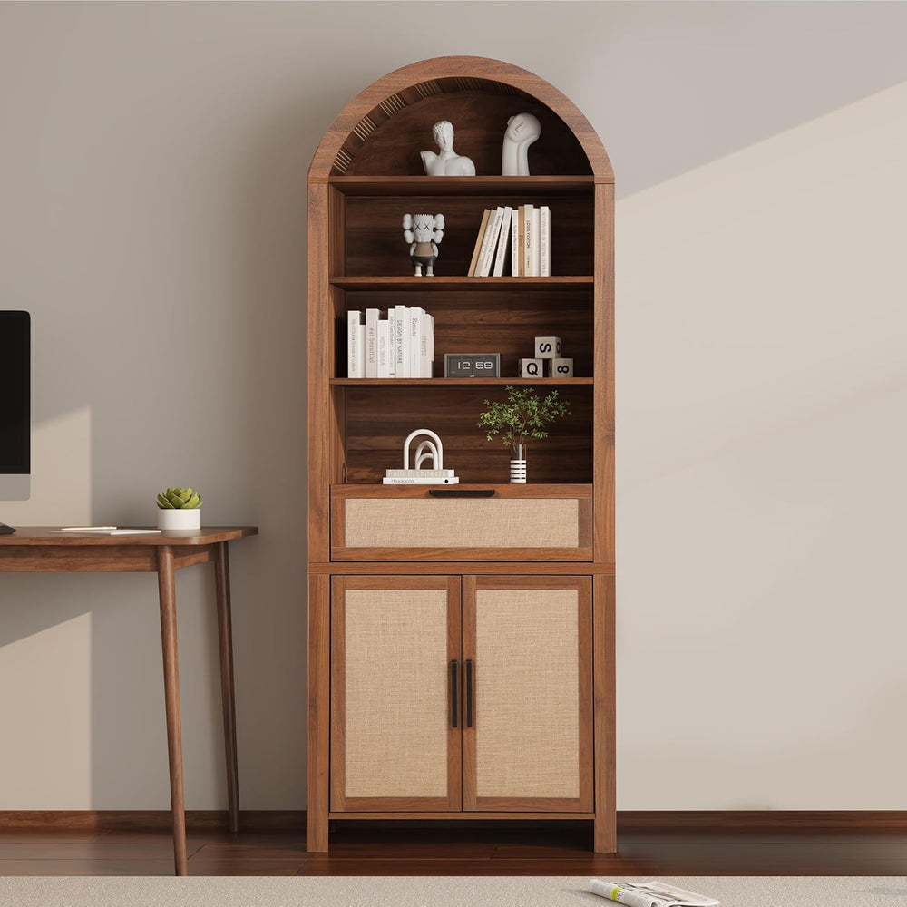 Janmer Home 79" Tall Arched Bookcase Cabinet with Doors, Walnut,Rattan