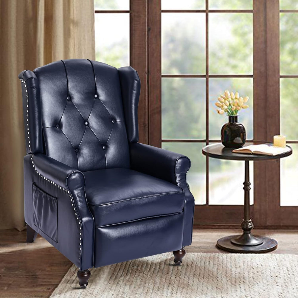 Wingback Chair, Push Back Recliner Armchair, Navy Blue, Pair