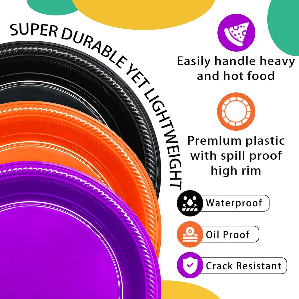 100 Count 10 Inch Halloween Plastic Plates Colored Party Disposable Plates