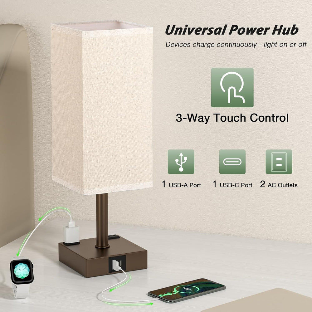 Brown Touch Lamps Set of 2 for Bedroom - Dimmable, USB C+A, 2 AC Outlets