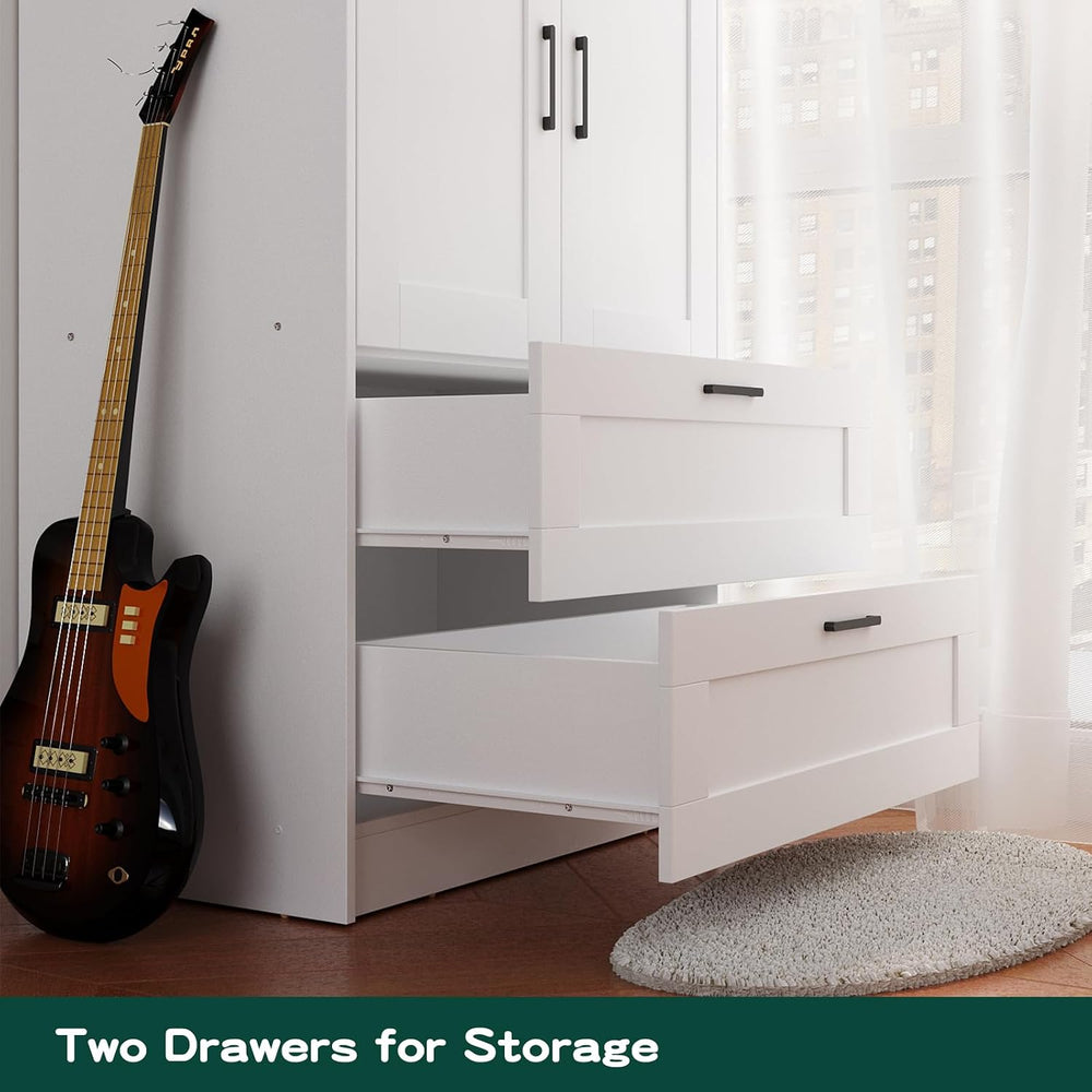 Fenghua Lizhi Wood White Wardrobe Closet with 2 Doors and 2 Drawers,Bedroom F...