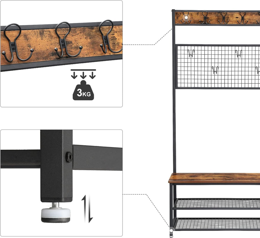 VASAGLE Coat Rack and Storage Bench, Hall Tree with 9 Hooks, Iron Frame