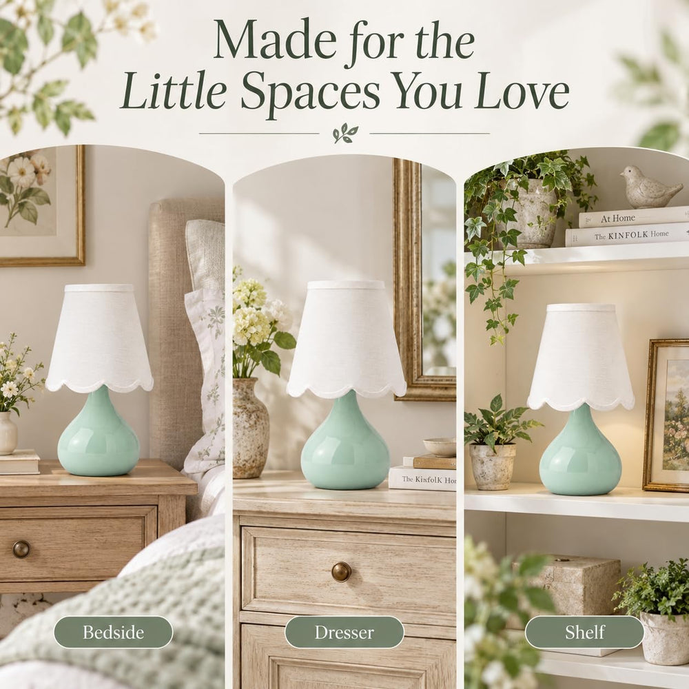 14 Inch Cordless Ceramic Table Lamp with Scalloped Shade, Celadon Green