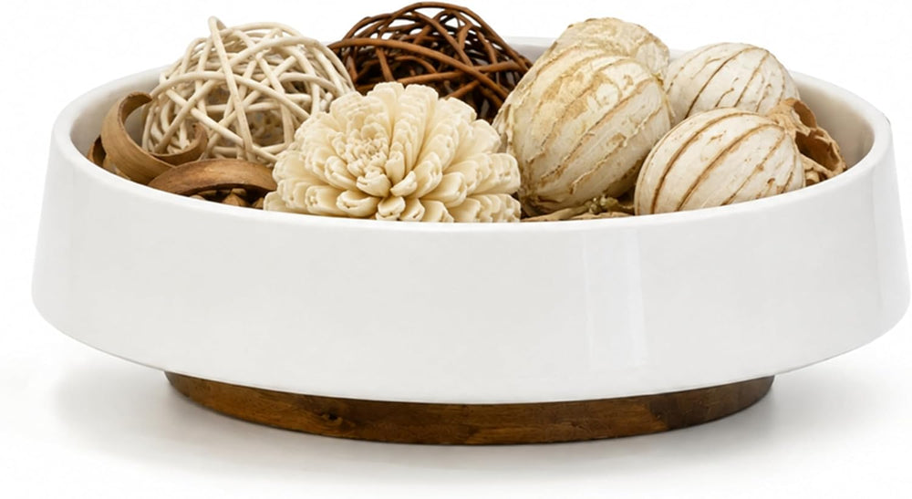Occasionals Ceramic Decorative Bowl with Acacia Wood Base, 10 Inch White