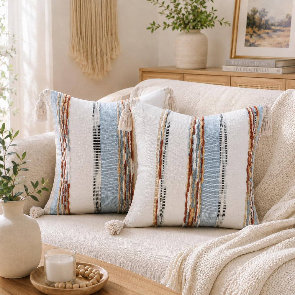 decorUhome Cream White and Light Blue Throw Pillow Covers 18x18 Set of 2