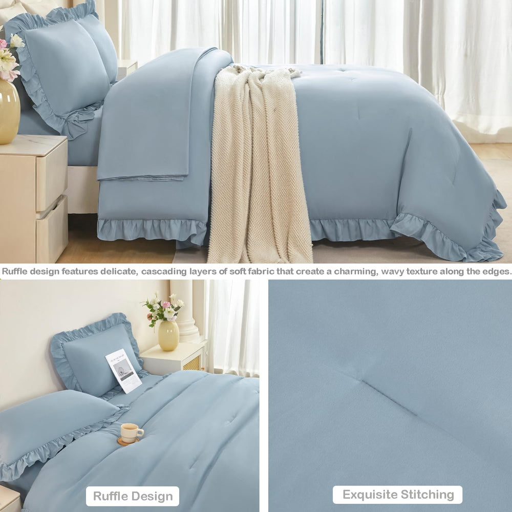 ANGIYUIN 5Pcs King Size Comforter Sets Dusty Blue Ruffle Bedding Sets