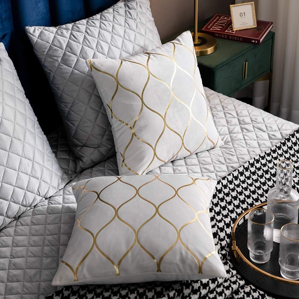 DEZENE Gold Velvet Euro Sham Pillow Covers Off White: 2 Pack 26x26 Inch Squar...