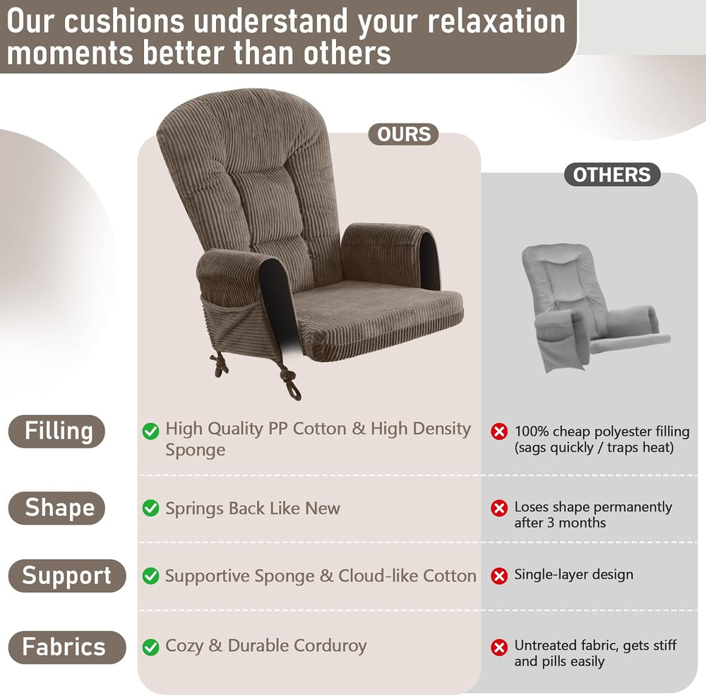5PCS Glider Rocker Replacement Cushions with Storage Side Pockets, Coffee