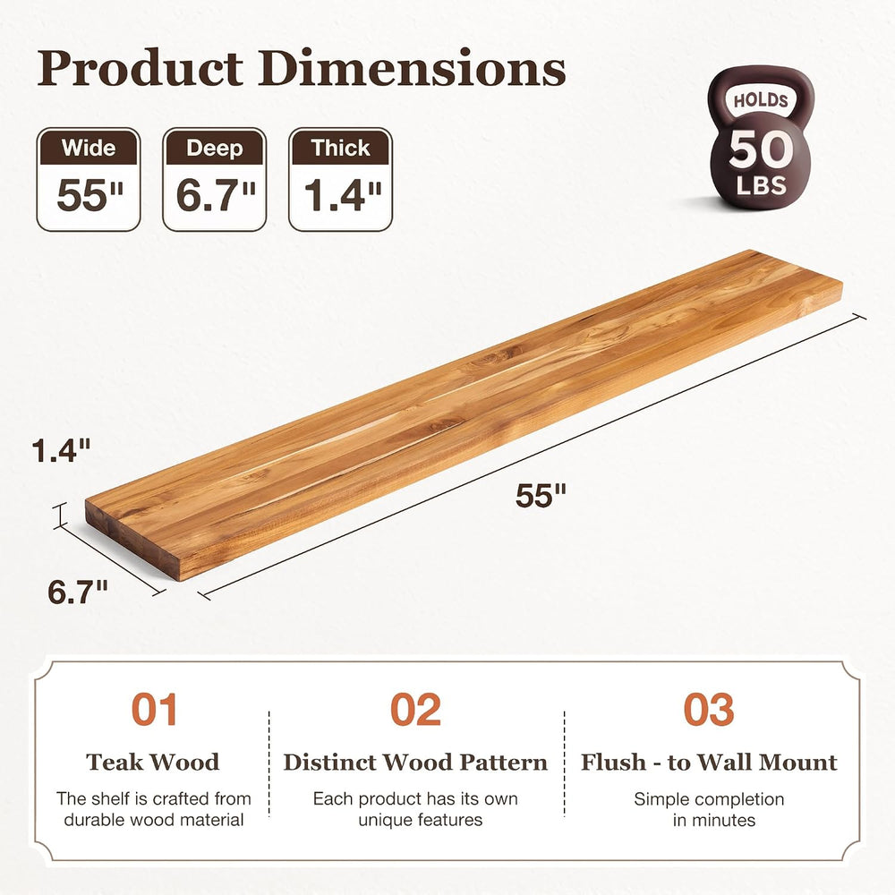 55Inch Floating Shelf, Solid Teak Wood Wall Shelf