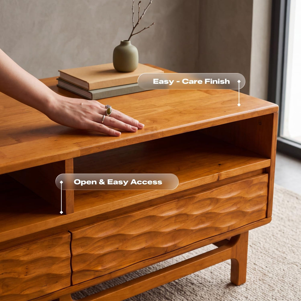 Acacia Elara 47" Wood Coffee Table with Open Shelf & 2 Drawers, Caramel