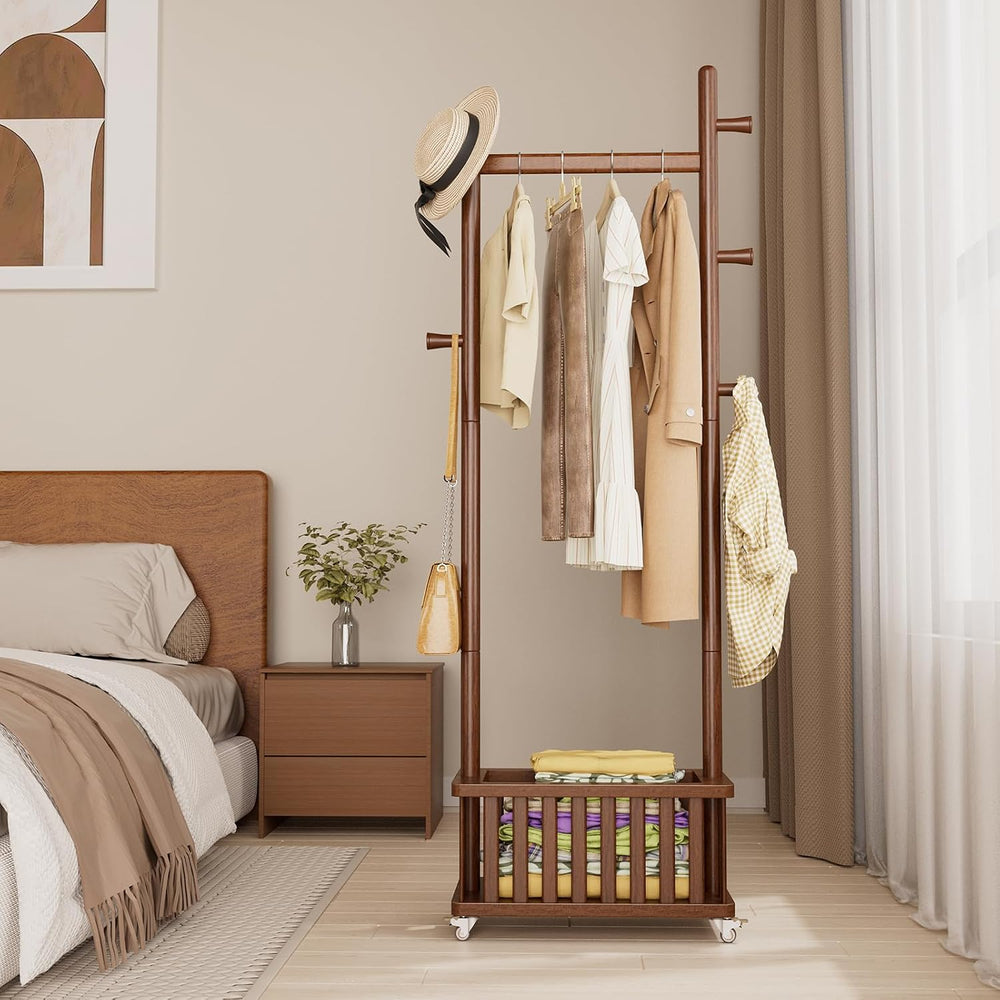 Taitiy Solid Wood Coat Rack with Wheels, Freestanding Coat Tree with Removabl...