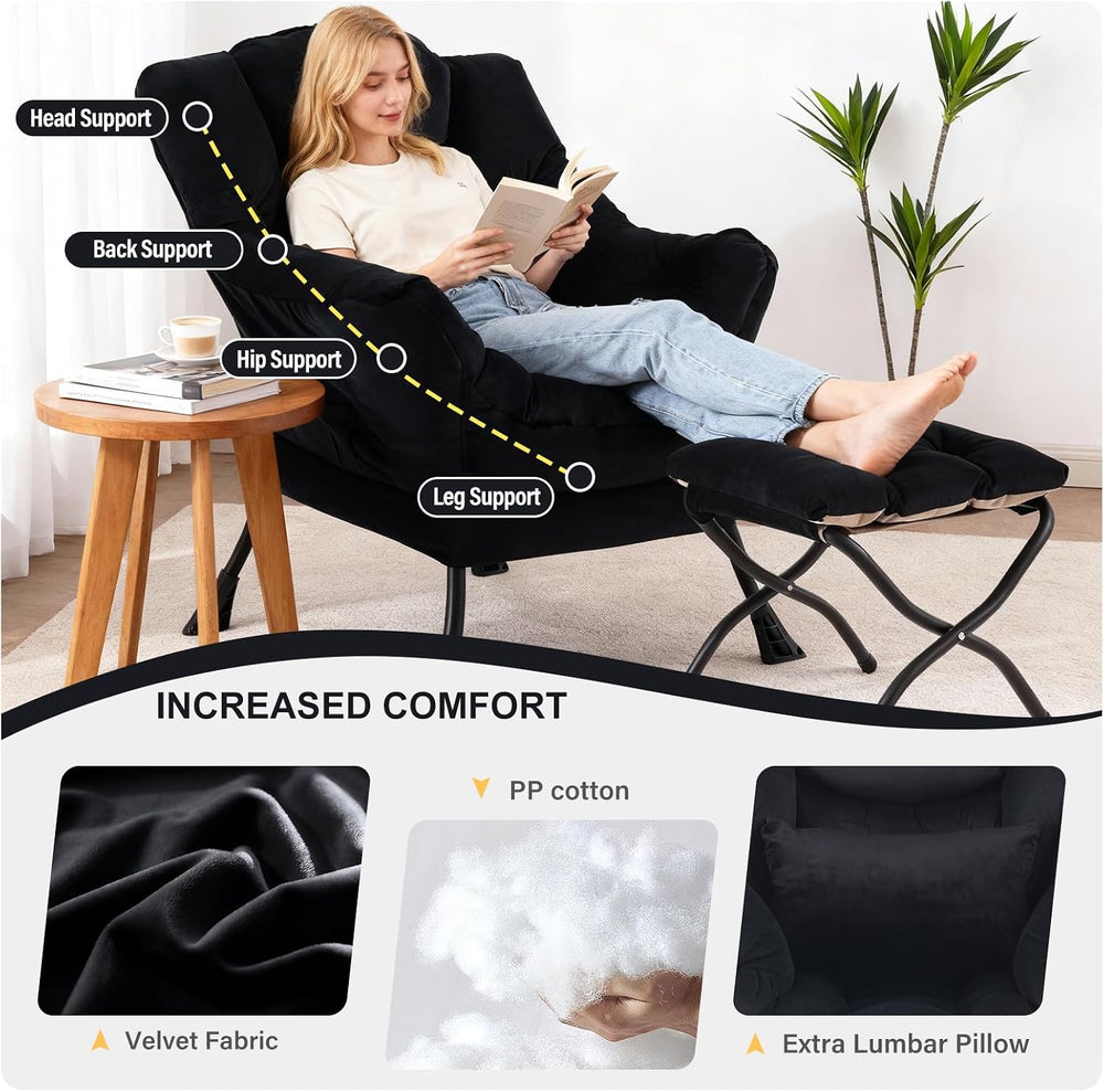 Lazy Chair with Ottoman, Comfy Chair with Pillow,Pure Black