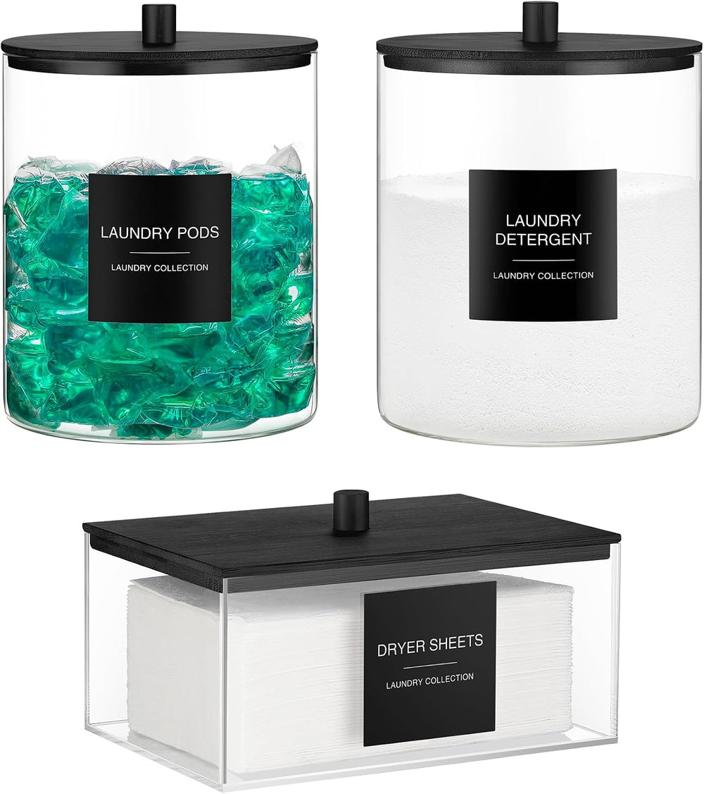Glass Jars and Acrylic Dryer Sheet Holder, Laundry Pods Container with Bamboo...