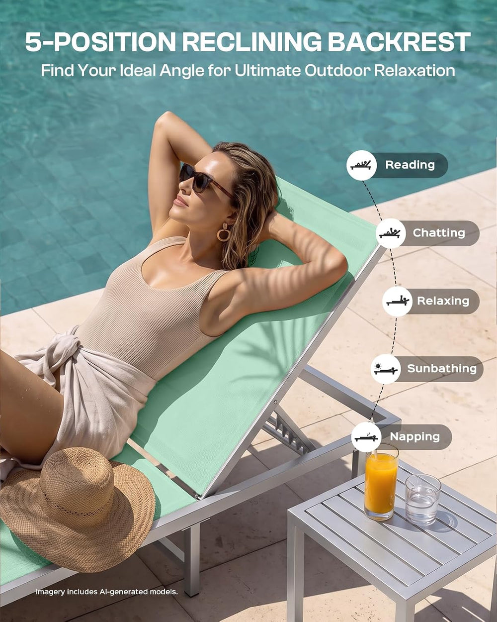 Pool Lounge Chairs Set of 2, Aluminum Outdoor Lounge Chair with Wheels and 5-...