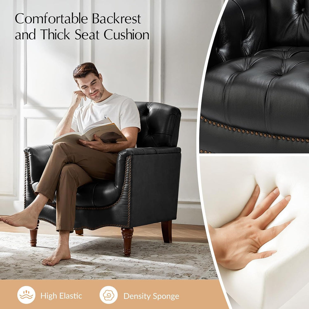 HULALA HOME Mid Century Modern Genuine Leather Accent Chair, Black