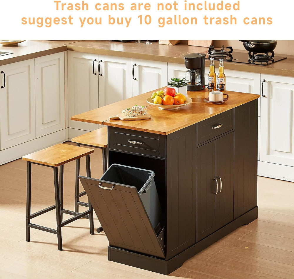ONBRILL 47" Kitchen Island with Trash Can Storage, Include 2 Chairs, Black
