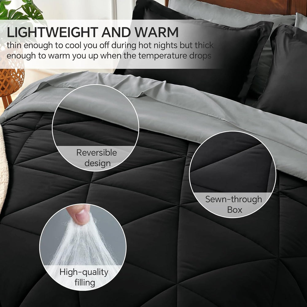BEDELITE Queen Comforter Set 7 Pieces, Reversible Black Bed in A Bag