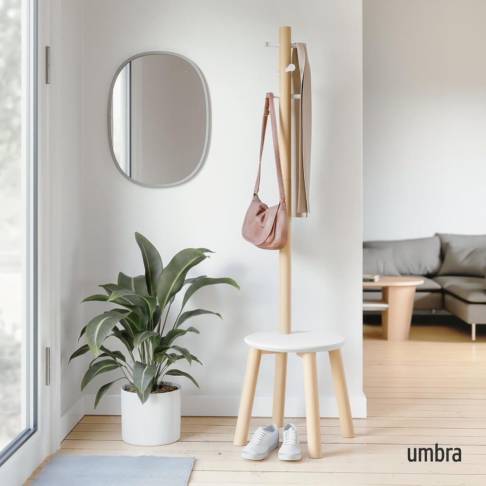 Umbra Pillar Coat Rack with Stool, Freestanding 6 Hooks, White/Natural