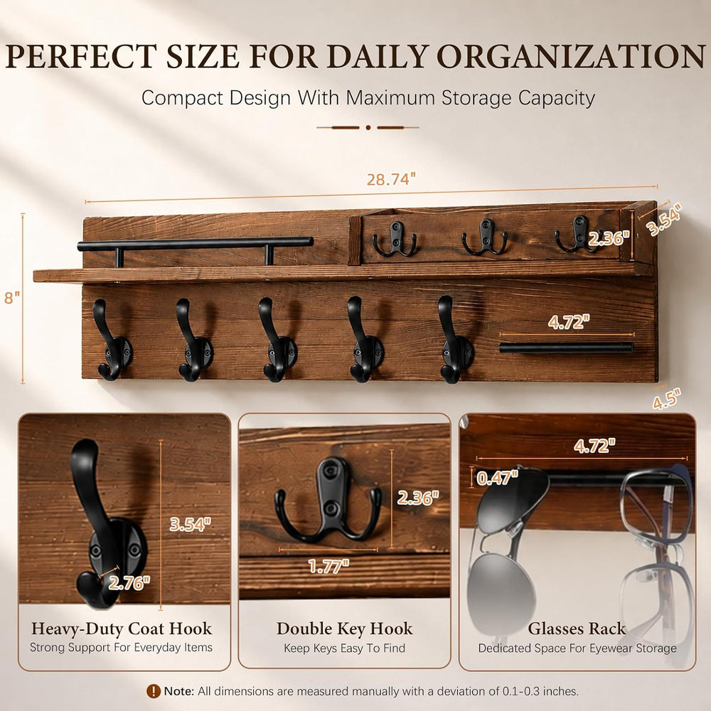 Wall Mount Wooden Coat Rack with Shelf, Entryway Key Hook Rack for Hallway