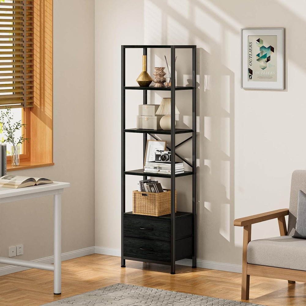 Furnulem 5-Tier Tall Corner Shelf, Narrow Bookshelf with Drawers