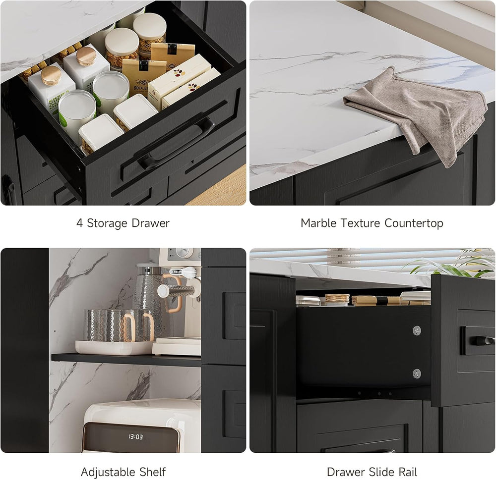 ONBRILL Kitchen Island with 2 Storage Cabinets & 4 Drawers, Black+White