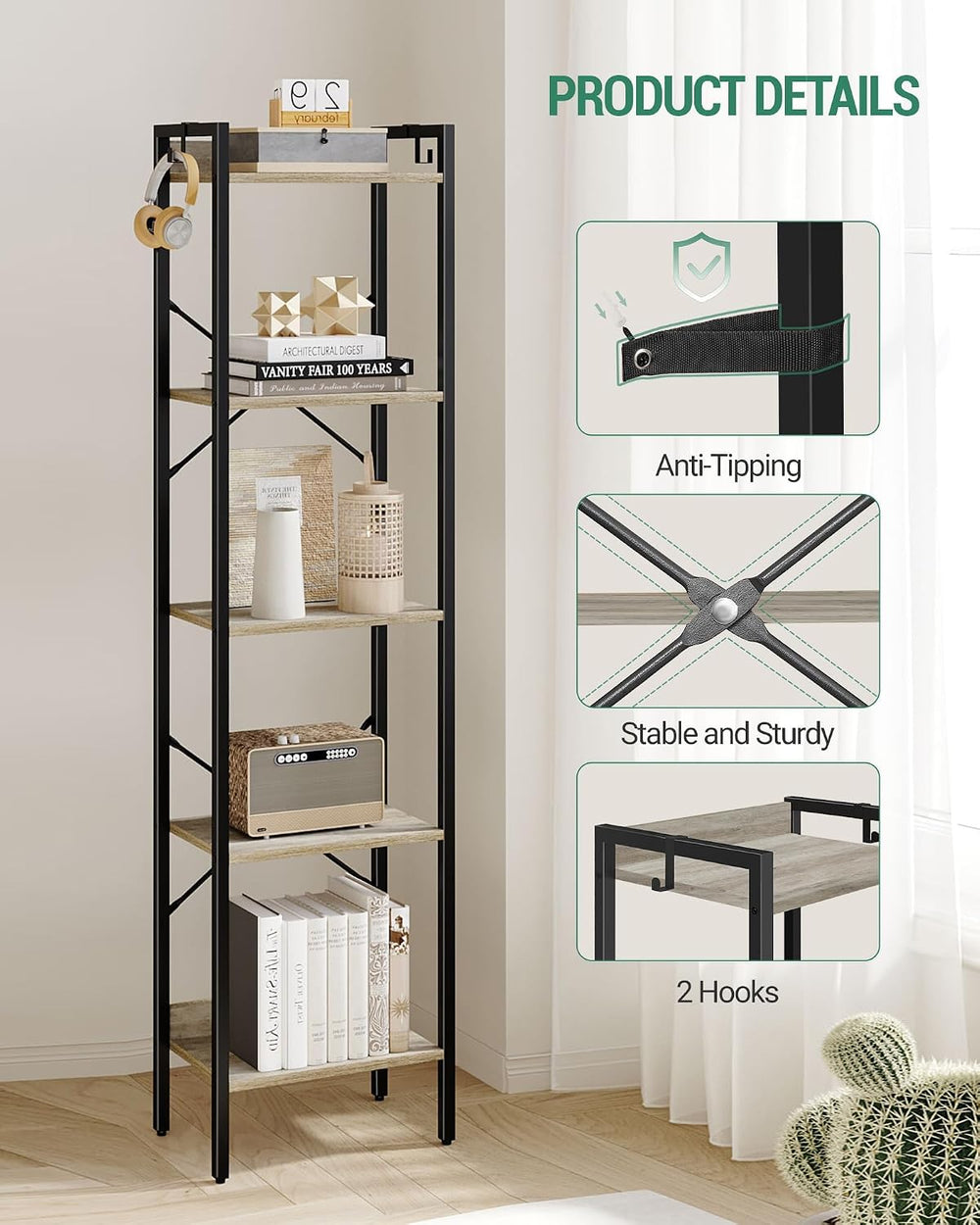 Hzuaneri Bookshelf, Book Shelf, Industrial Bookcase with 2 Hooks