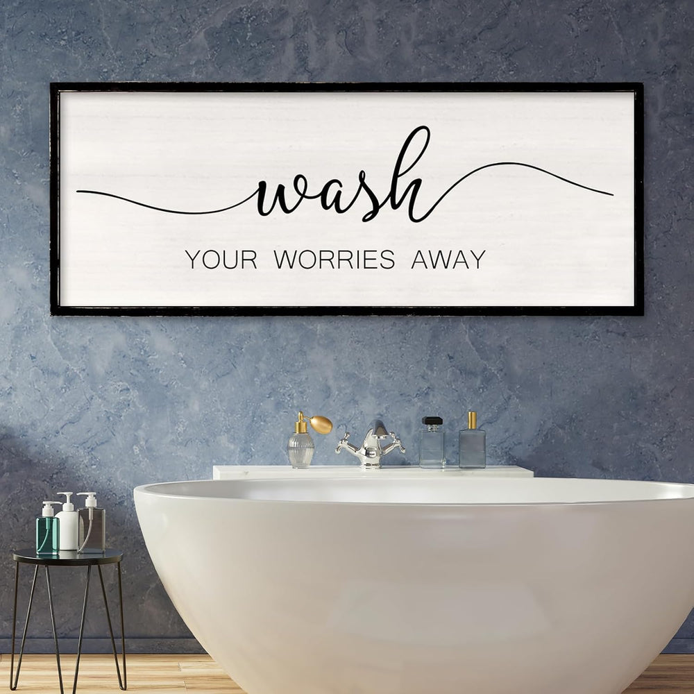Wash Your Worries Away Bathroom Wall Decor, 40x15 Inch, Black