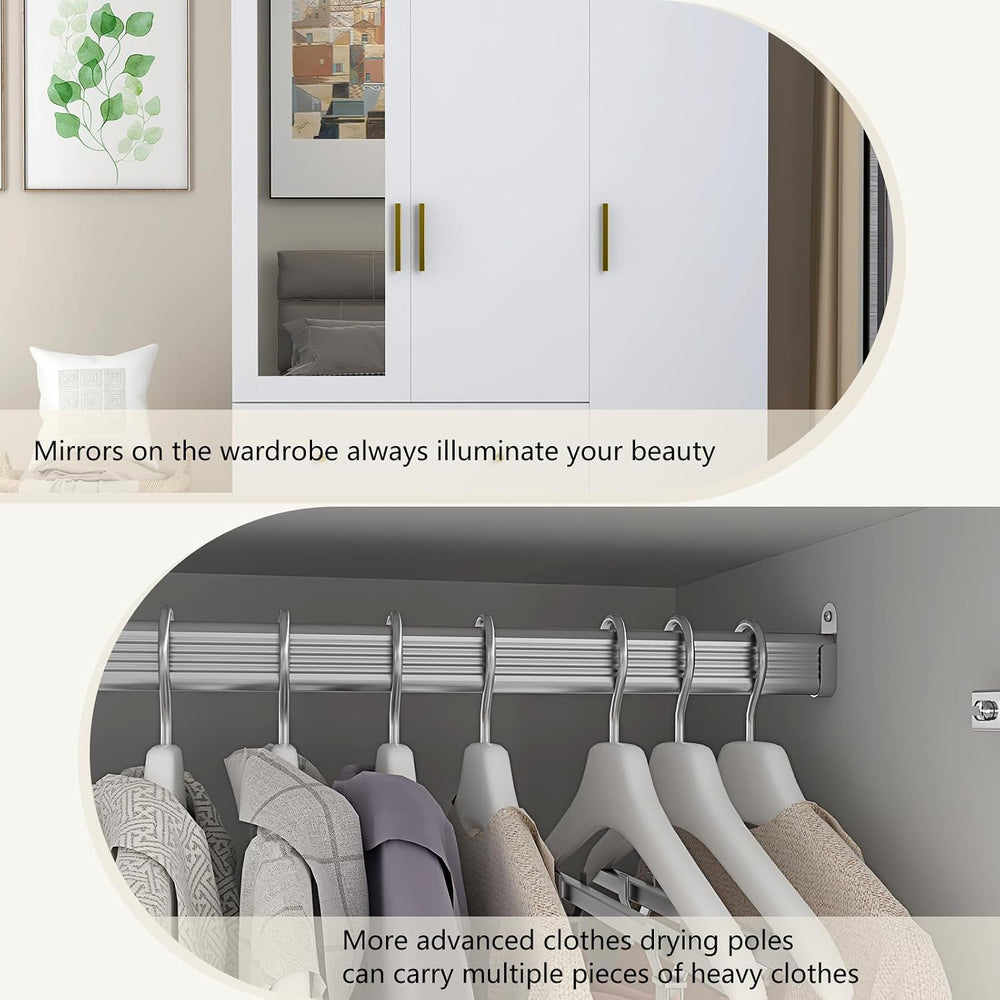 jiteentarou 3 Door Wardrobe Closet with Mirror & LED Lights, Bedroom Armo...