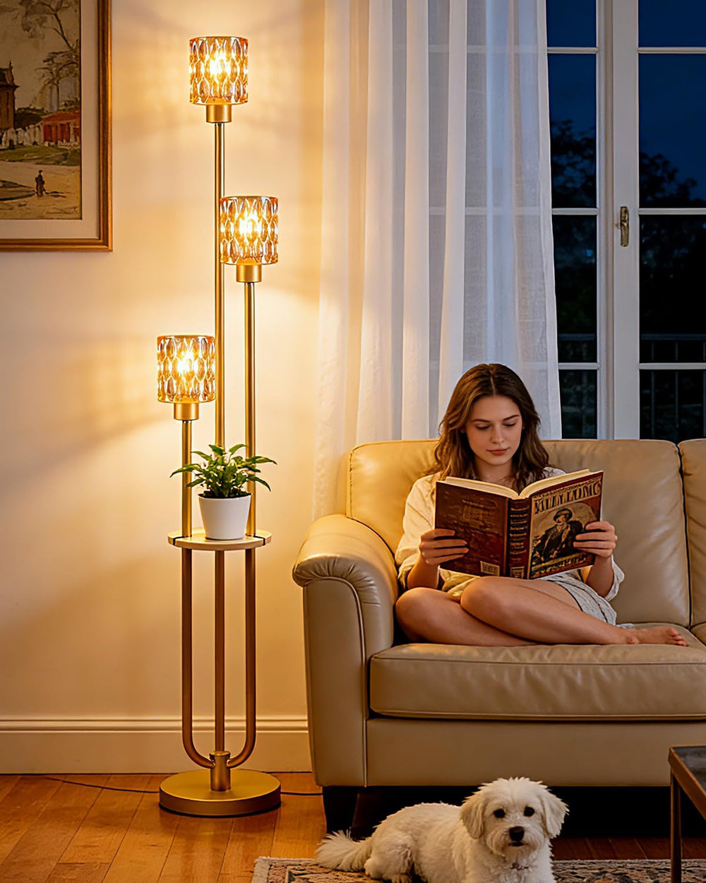 62IN Gold Floor Lamp with Amber Glass Shade 3-Lights Mid-Century Modern Farmh...