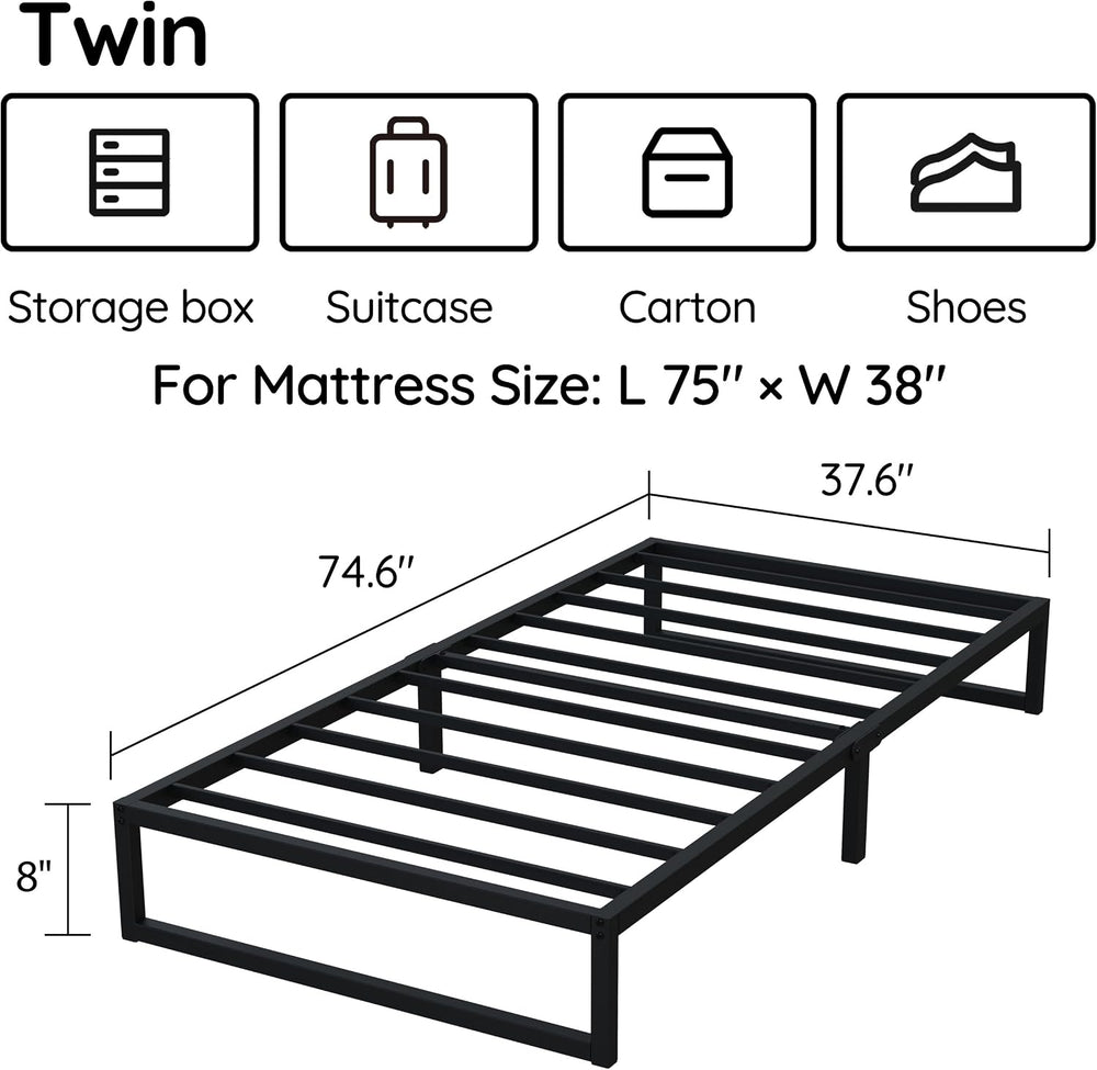 Richwanone 8 Inch Twin Bed Frames Heavy Duty Metal Platform Bed, Black