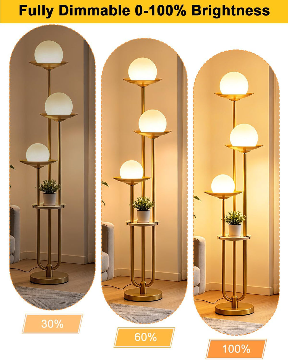 63IN Globe Floor Lamp with Shelf 3-Lights Modern Dimmable Floor Lamps with 30...