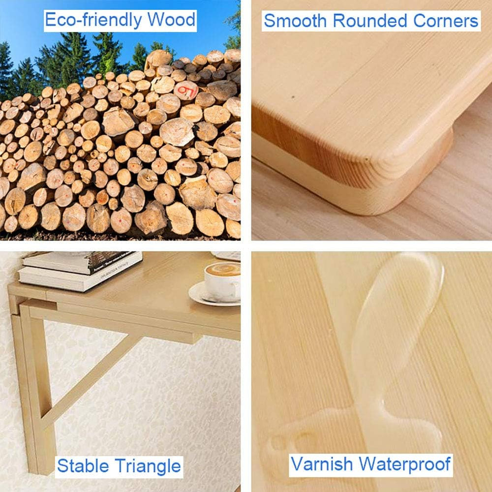 MM MELISEN Wood Folding Desk - Natural 29.5x19.6 Inch Wall Mount Fold-Down Ta...