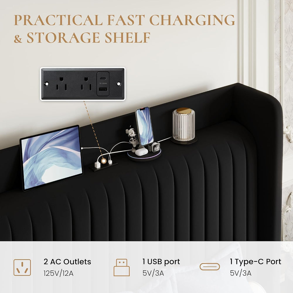SHA CERLIN King Size Velvet Bed Frame with Shelf, Charging Station, Black