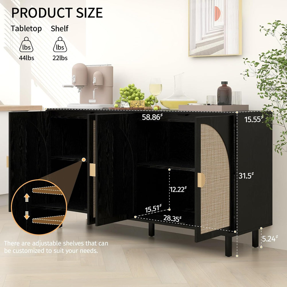 Sideboard Buffet Cabinet with Storage - Rattan 4 Door Cabinet, Accent Storage...