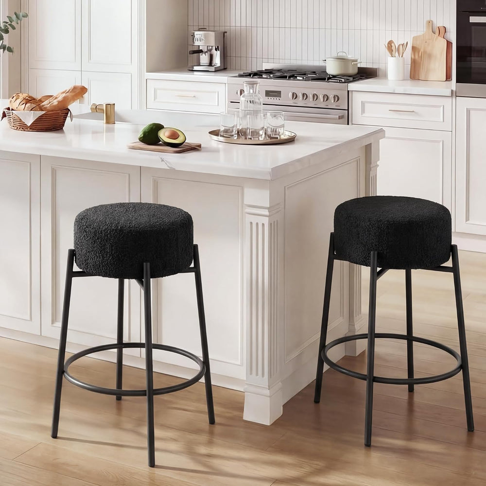 Boucle Backless Counter Stools Set of 2, Modern Swivel Bar Stools with Round ...