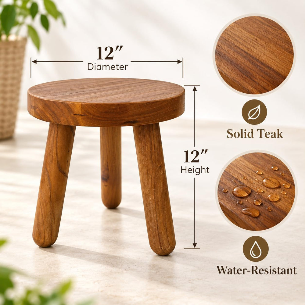 12" Teak Wood Plant Stool for Indoor Plants, Mid-Century Style