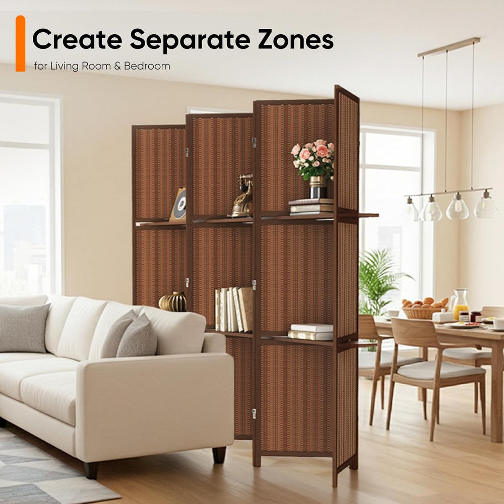 JOSTYLE Bamboo Room Divider with Shelves, 6-Panel Privacy Screen,67"H 96...