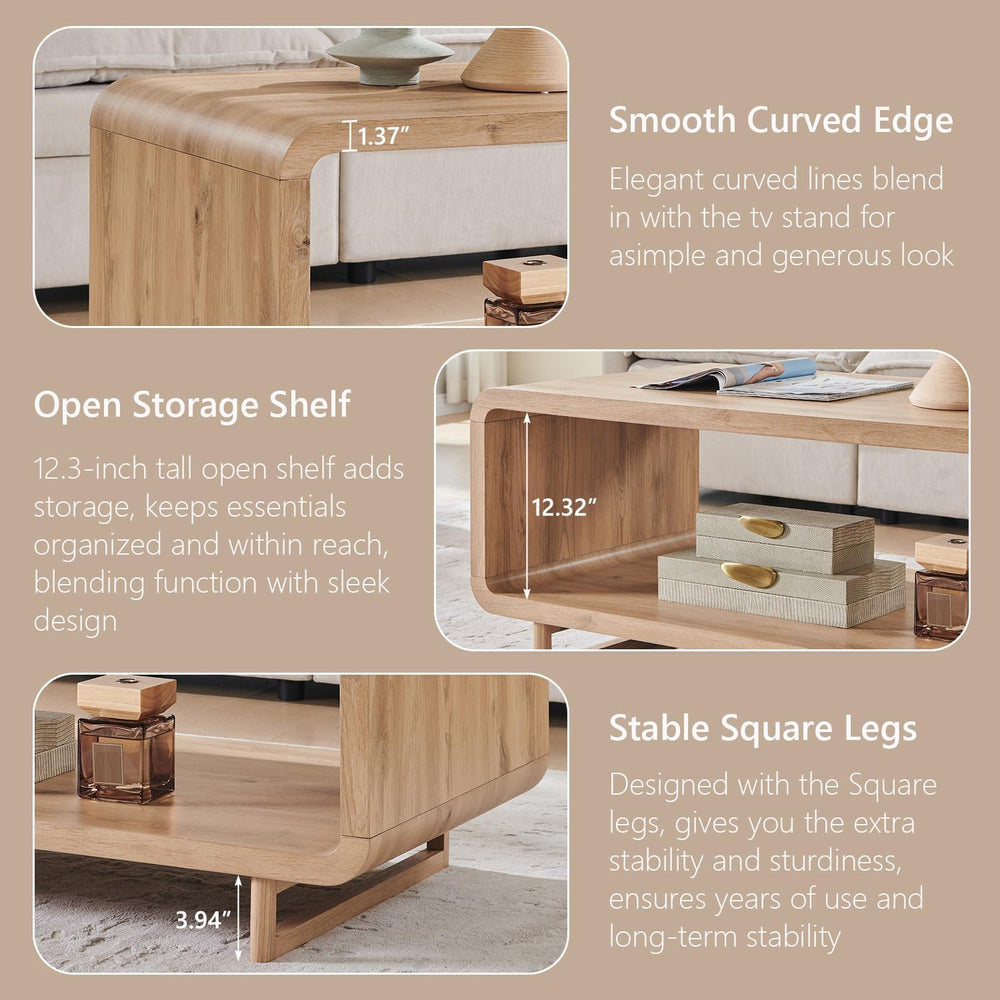 IFGET 48" Modern Coffee Table, 2-Tier Curved Center Table, Natural Oak