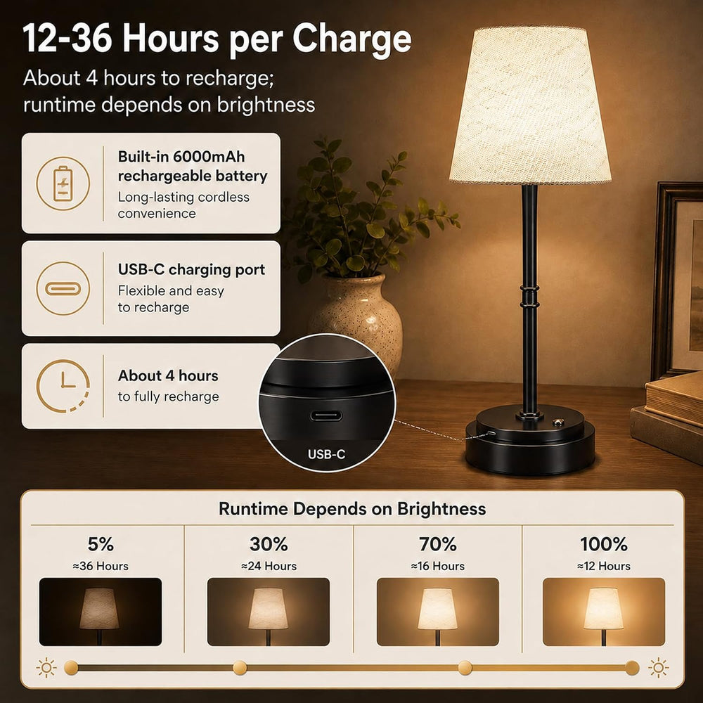 Rechargeable Cordless Table Lamp, Battery Operated Bedside Lamp, Black